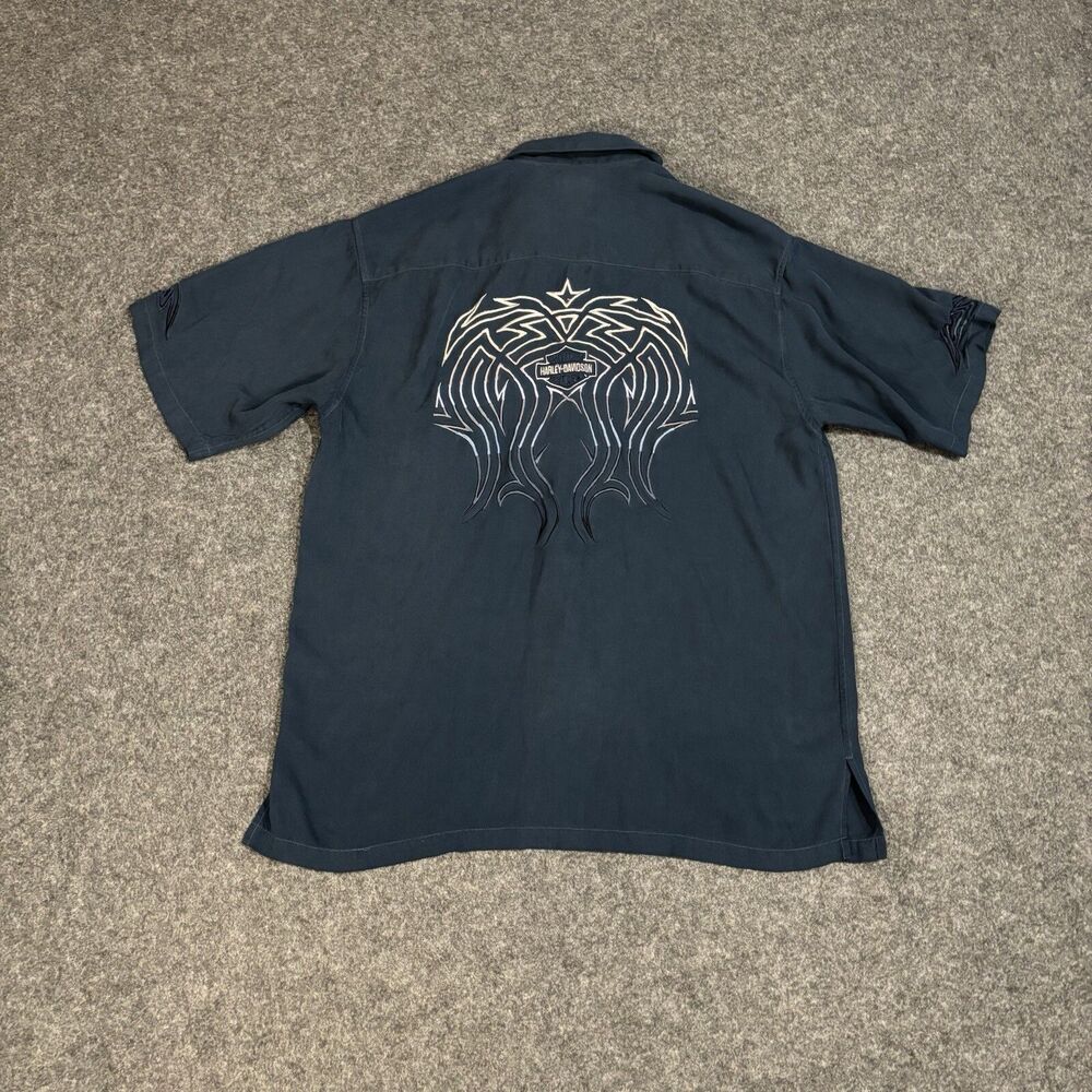 Vintage Harley Davidson 100% Silk Button Shirt Size Medium Blue
